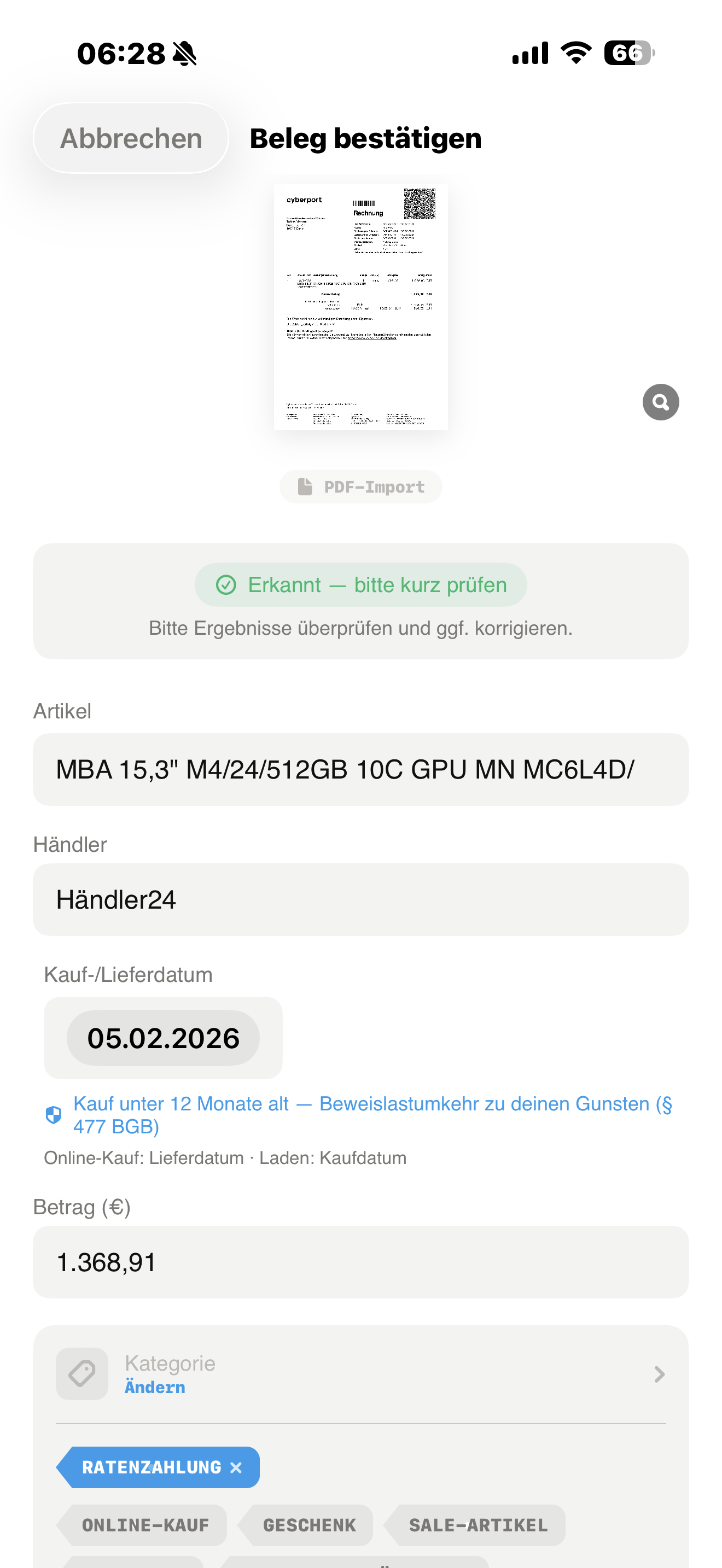 Kwittung Beleg bestätigen mit Kaufdatum, Betrag und Widerrufsfrist