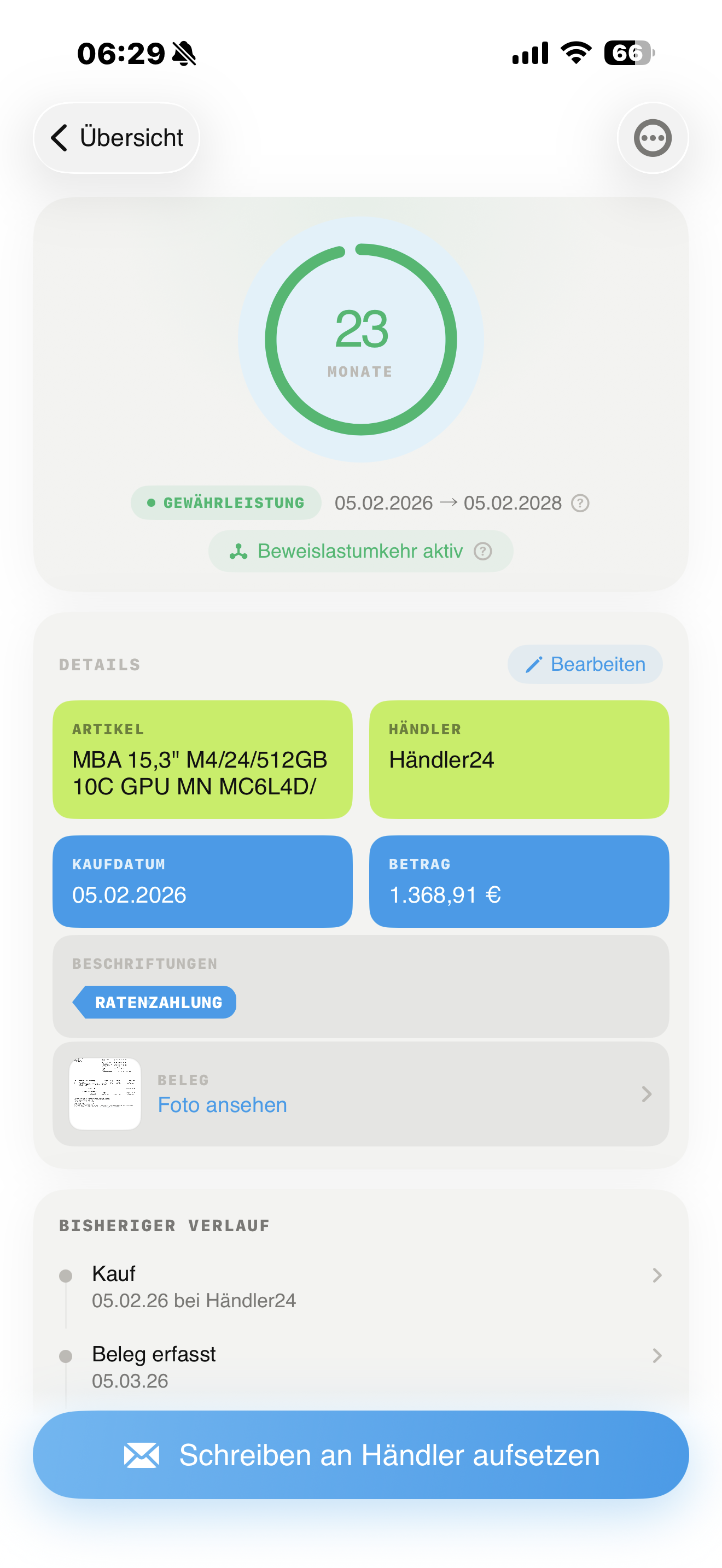 Kwittung Detailansicht mit Gauge-Ring und Fristüberwachung