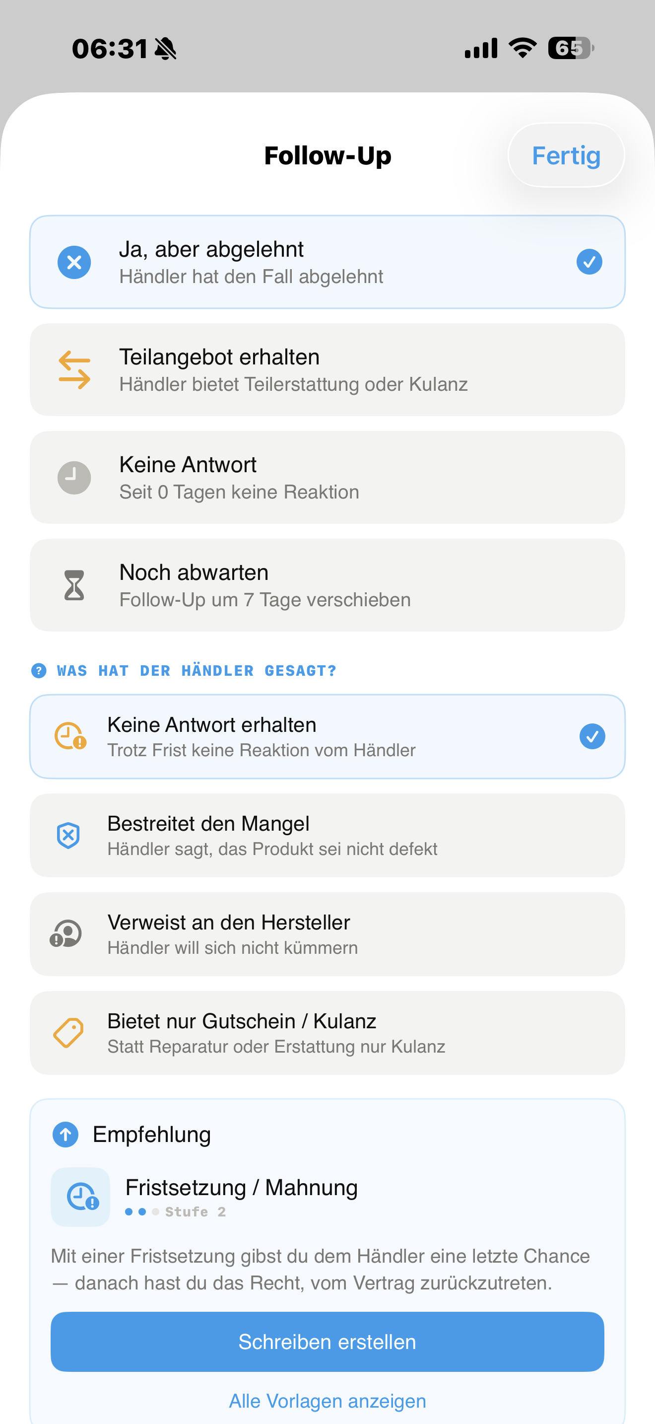 Kwittung Follow-Up - Hat der Händler geantwortet?